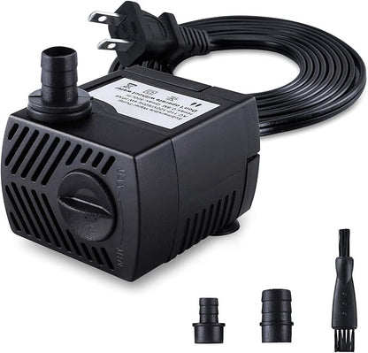 CWKJ Fountain Pump, 80GPH(4W 300L/H) Submersible Water Pump, Durable Outdoor Fountain Water Pump with 7.2ft（2.2m） Power Cord, 3 Nozzles for Aquarium, Pond, Fish Tank, Water Pump Hydroponics, Fountain