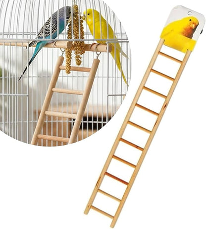 Wooden Bird Ladder 11 Step Climbing Toy 17 Inch Parrot Cage Accessory Interactive Exercise Perch Durable Natural Wood for Parrots Cockatiels Budgies Finches Conures Lovebirds Cage Decor