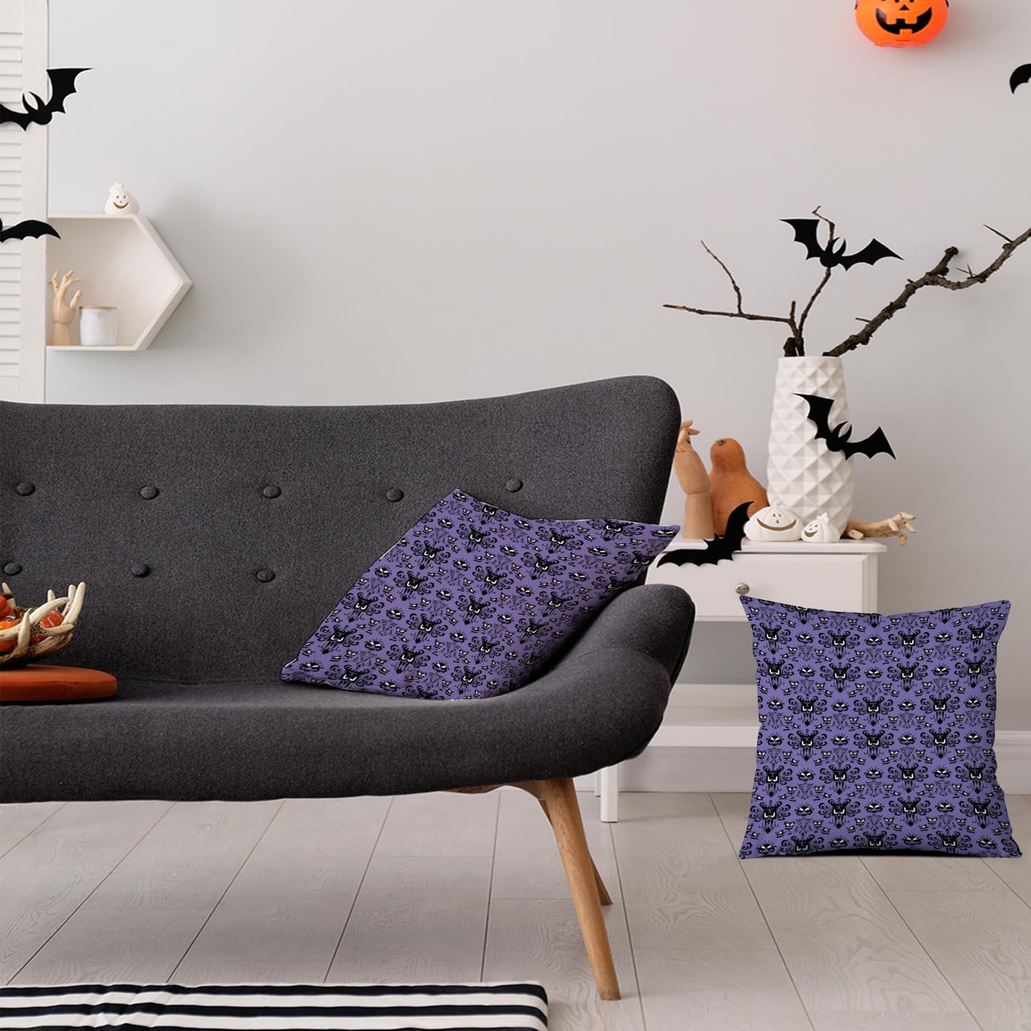 Horror Halloween Decorative Throw Pillow Cover 20x20 Inch Set of 2,Haunted Ghosts Mansion Decor Mystic Skull Spooky Grinning Farmhouse Outdoor Purple Pillowcase for Home Bed Living Room