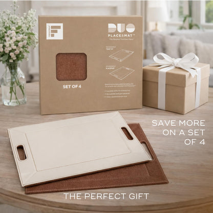 FREEFORM PLACEsMAT 2-in-1 Faux Leather Placemat & Serving Tray | Reversible Design, Lays Flat & Easy to Clean | Ottoman Food Tray, Perfect Housewarming Gift, 18” x 14” (Fabric Tan & Cream, Single)