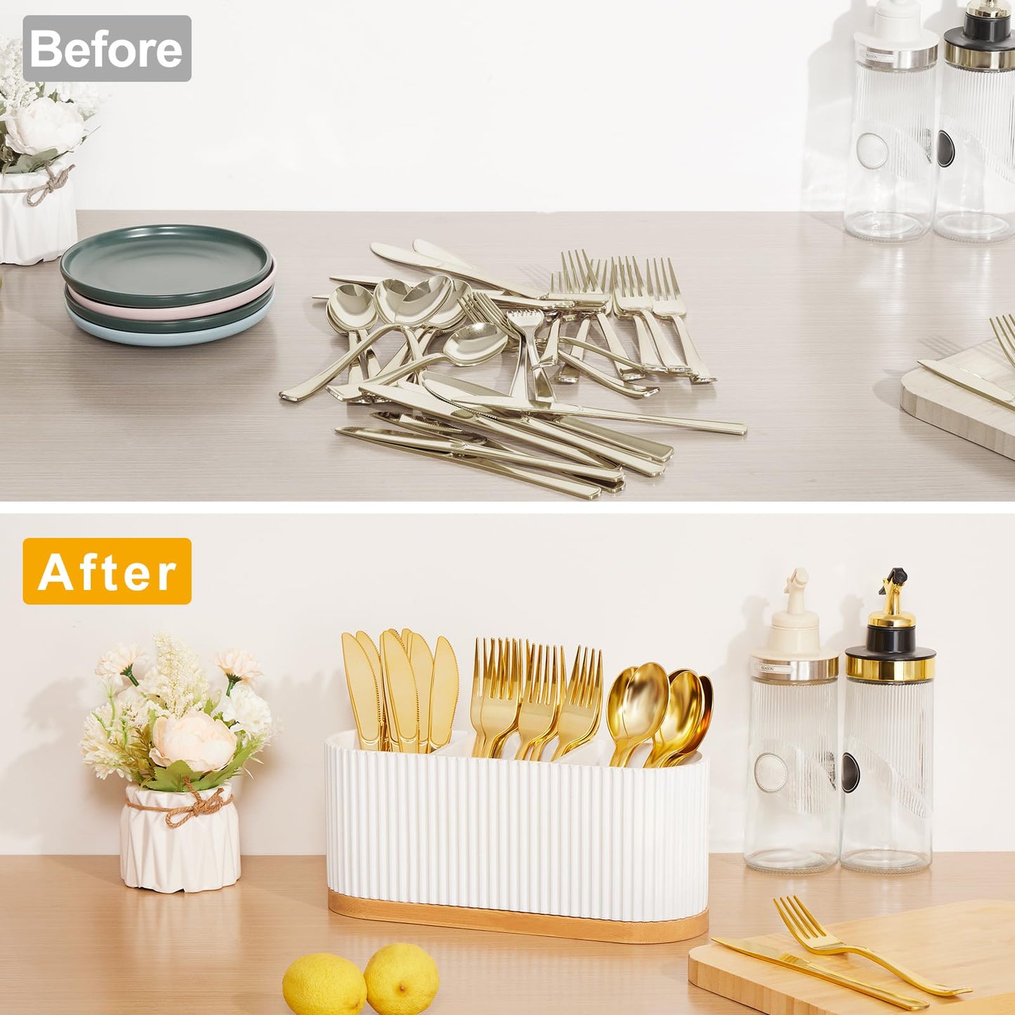 HouseJoy Countertop Silverware Holder, Silverware Caddy Organizer Holder for Forks, Spoons, Knives, Cutlery Caddy with 3 Compartments, Kitchen Utensil Holder for Party, Countertop