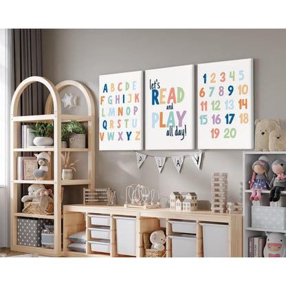 Kids Playroom Wall Art Decor Alphabet Poster Play Room Canvas Wall Decor ABC Nursery Wall Art 123 Toddler Poster Let's Read for Boy Girl Room 12x16 Inch Framed Set of 3