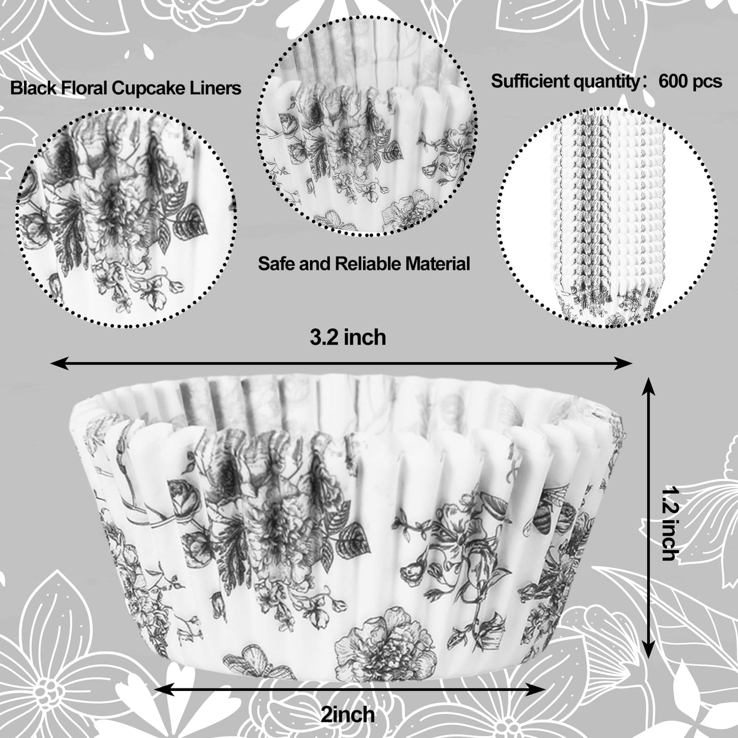 JarThenaAMCS 600Pcs Black Floral Cupcake Liners Chinoiserie Flower Cupcake Wrappers Paper Disposable Decorative Muffin Brownie Cups for Baking Party Supplies