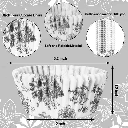 JarThenaAMCS 600Pcs Black Floral Cupcake Liners Chinoiserie Flower Cupcake Wrappers Paper Disposable Decorative Muffin Brownie Cups for Baking Party Supplies