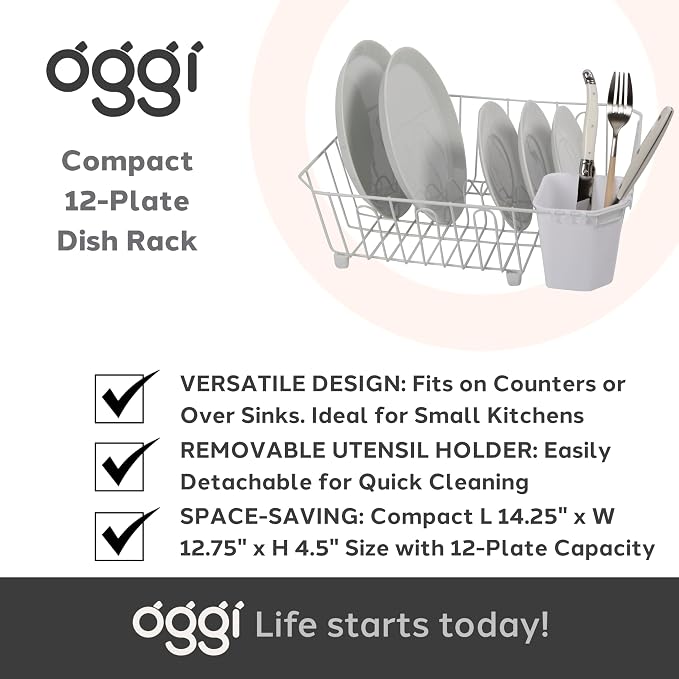 Oggi Compact Dish Drying Rack - White Metal Dish Drainer Rack, Drying Rack Kitchen, Dish Rack, Dish Racks for Kitchen Counter, Durable Coated Metal Kitchen Drying Rack with Cutlery Holder