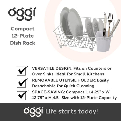 Oggi Compact Dish Drying Rack - White Metal Dish Drainer Rack, Drying Rack Kitchen, Dish Rack, Dish Racks for Kitchen Counter, Durable Coated Metal Kitchen Drying Rack with Cutlery Holder