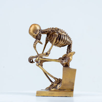 R REALONG Bronze Skeleton Thinker Statues Sculptures Home Decor-8.3" Bronze Abstract Rodin Thinking Halloween Skull Art Decorations (Gold)
