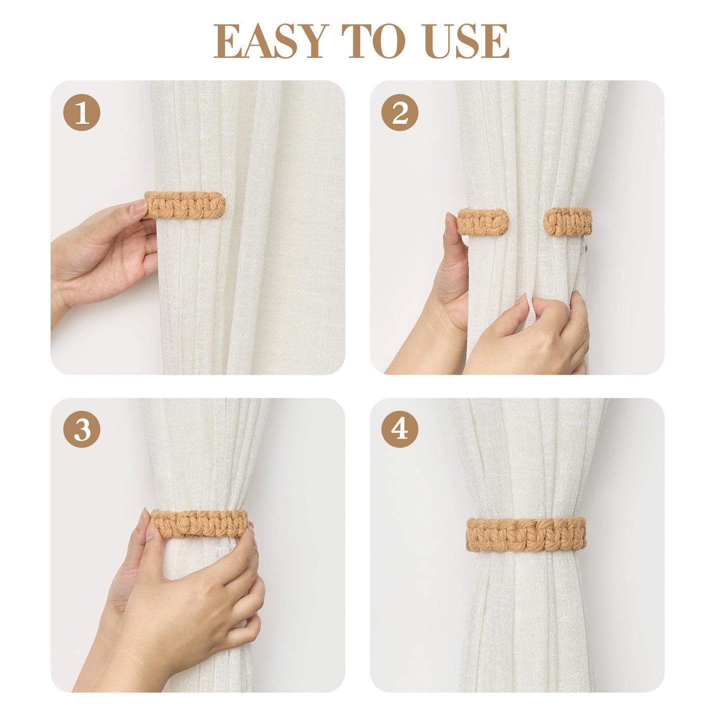 NICEEC 4 Pack Natural Cotton Rope Curtain Tiebacks Farmhouse Rustic Style Decorative Drape Tie Backs Handmade Braided Curtain Holdbacks for Home & Office Sheer/Light Weight Drapery (C-Orange-S)