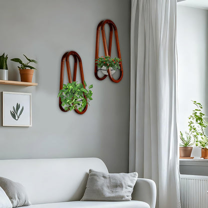 JOJOCY Wall-Mounted Modern Oval Wooden Vase 2PCS, Oval Hanging Plant Stand with Ceramic Pots for Indoor Living Room Bedroom Decor (Walnut Wood)