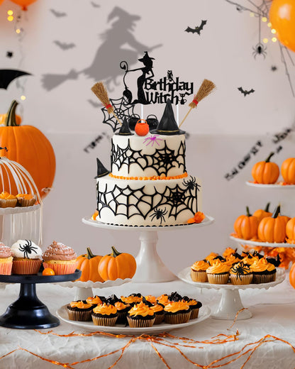 Liobelon 13 Pieces Birthday Witch Cake Topper, Gothic Theme Birthday Party Decoration, Scary Spider Web Witch Bucket Broom Spiders Cake Decorations for Girl Women