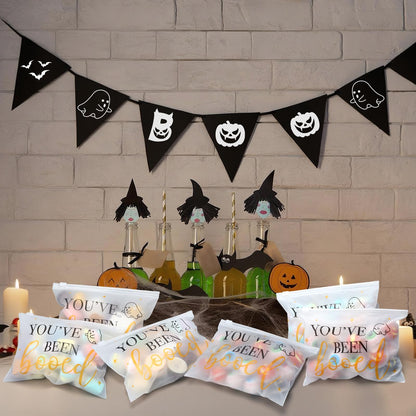 100 Pcs Halloween Makeup Cosmetic Bag Bulk PVC You Have Been Booed Bag Halloween Boo Basket Stuffer Item Ghost Party Favor Toiletry Travel Pouch with Zipper for Candy Goodie Birthday Gift Accessory