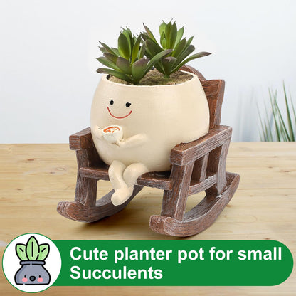 KIUGCO Smily Face Planter Pots for Indoor Plants, Cute Resin Flower Head Planters, Rocking Chair Succulent Flower Pots with Drainage Hole, Gift IdeaI for Birthday
