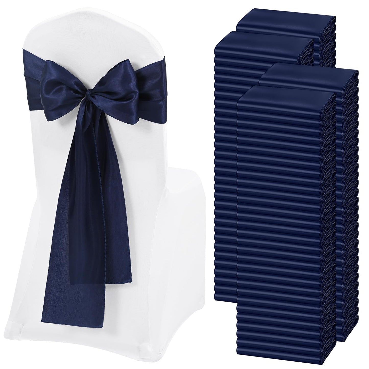 REWOMC 120 PCS Navy Blue Satin Chair Sashes, Ties Bows Designed Chairs Decorative, Chair Cover Sashes for Thanksgiving Wedding Christmas Banquet Party Home Kitchen Decoration (7 x 108 inch)