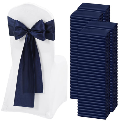 REWOMC 120 PCS Navy Blue Satin Chair Sashes, Ties Bows Designed Chairs Decorative, Chair Cover Sashes for Thanksgiving Wedding Christmas Banquet Party Home Kitchen Decoration (7 x 108 inch)