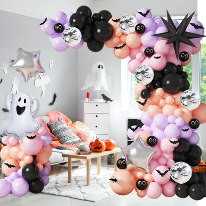 Jobkoo Halloween Balloon Garland Arch Kit, Black Purple Pink Halloween Baby Shower Latex Balloons with 3D Bat Ghost Witch Mylar Foil Balloons Set for Happy Halloween Birthday Decoration Indoor Outdoor