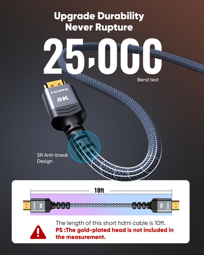 Highwings 8K@60 HDMI Cable 10FT/3M, 48Gbps 2.1 High Speed HDMI Braided Nylon 4K120 144Hz RTX 3090 eARC HDR10 4:4:4 HDCP 2.2&2.3 Compatible for PS5, PS4, UHD TV and PC