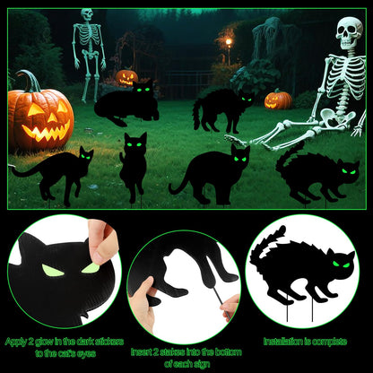Wlicon 6 PCS Glowing Eyes Black Cat Halloween Yard Signs Halloween Black Cat Decorations Signs with Stakes and Glow-in-The-Dark Eyes Stickers Used for Outdoor Courtyard Lawn Garden Decoration