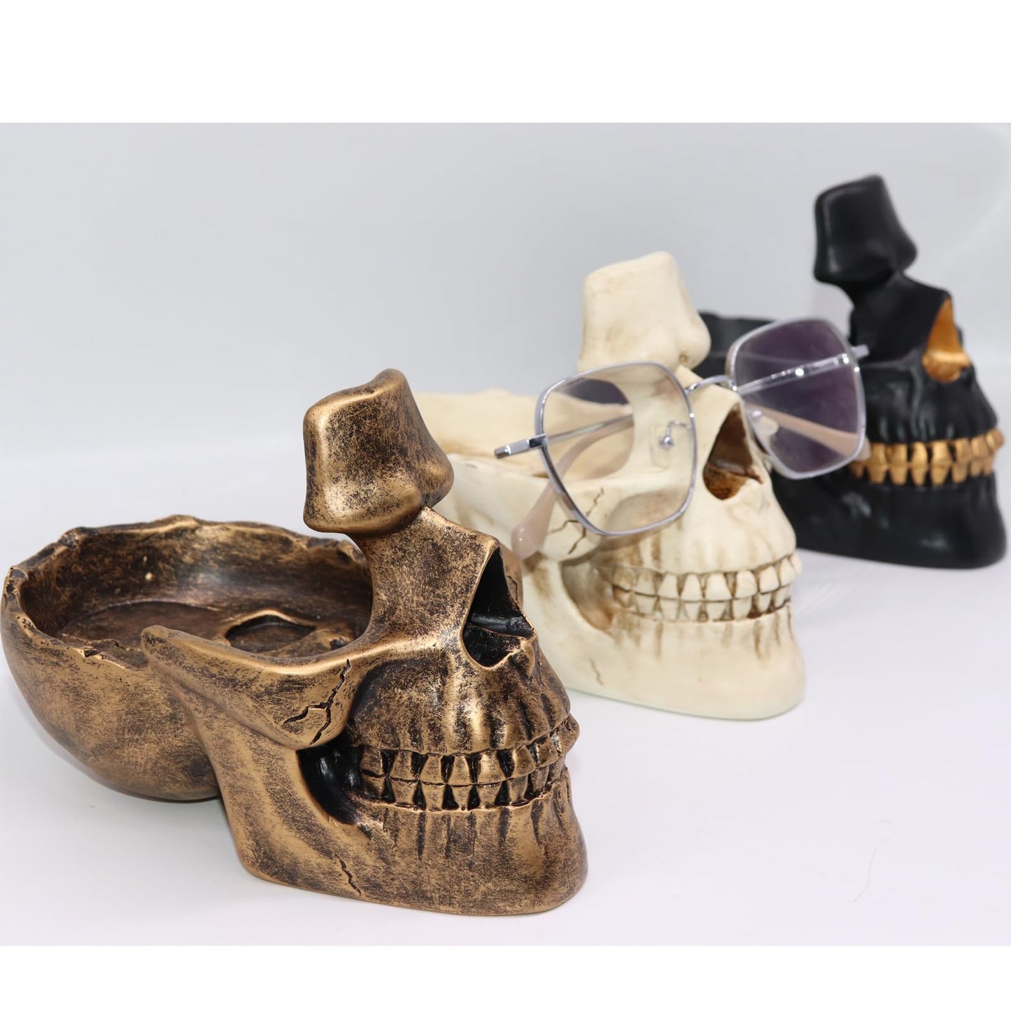 Buminee Glasses Holder for Nightstand, Creative Glasses Stand, Skull Glasses Holder, Skull Resin Sculpture for Home, Office - White