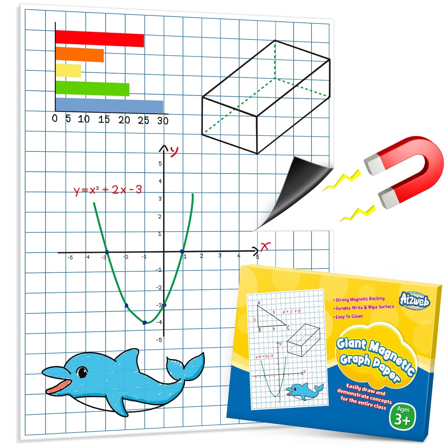 Aizweb Giant Magnetic Graph Paper,Dry Erase Grid Graphing for Classroom Whiteboard Accessories,Chart Paper Teacher Must Have Homeschool Teaching Supplies,Teacher Essential,21.5" x 16.5"