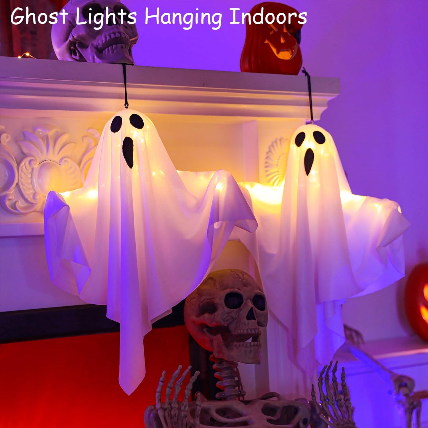 Lifnatty Halloween Hanging Ghost Lights with Remote Control – Floating Ghost Decorations with Timer, 8 Lighting Modes, Battery Operated for Scary Halloween Decor Indoor Outdoor (2-Pack)