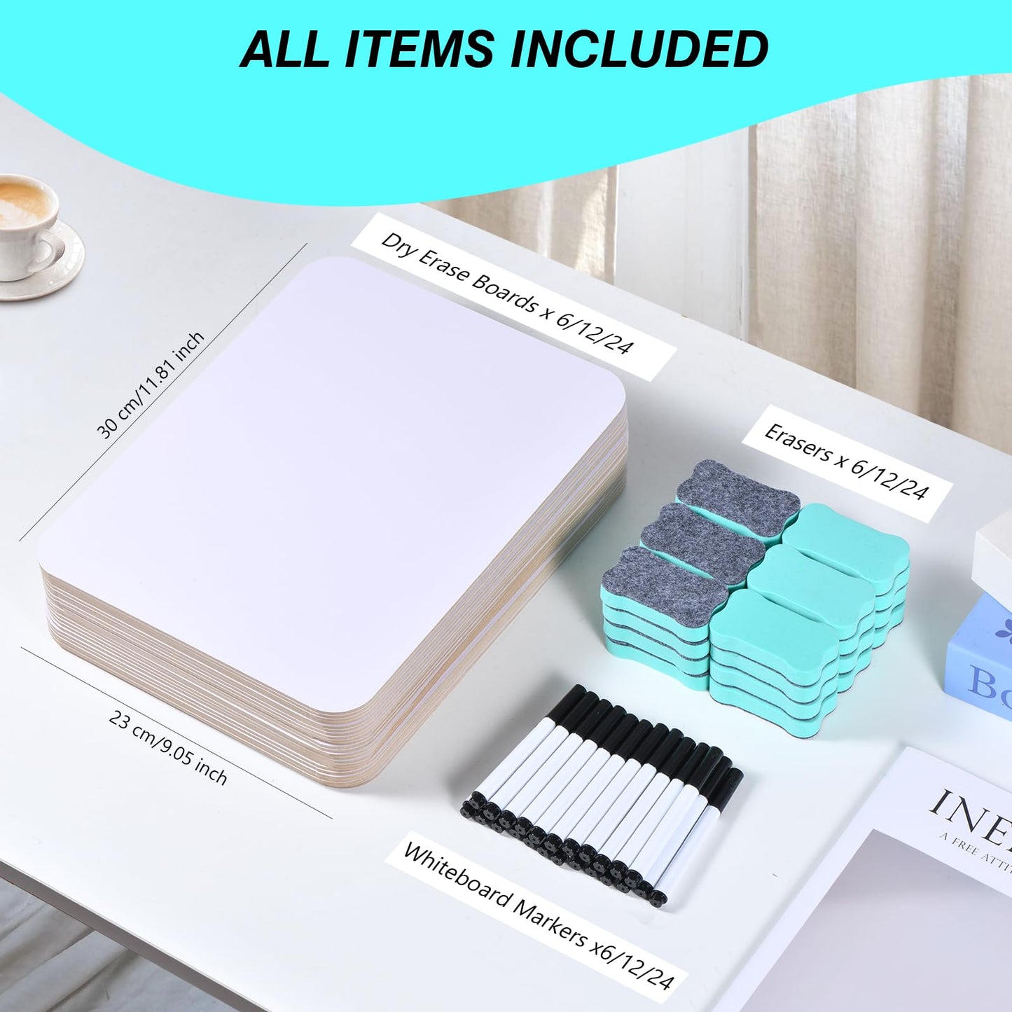 12 Pack Small White Board Dry Erase Boards Classroom Teachers Pack Mini White Boards 9" x12” Personal Whiteboards for School Students Supplies Lapboards l 12 Mini Erasers， 12 Makers Included (12)