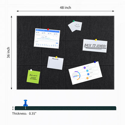 Large Felt Bulletin Board 48" x 36", Cork Board Alternative, 12 Pack Felt Wall Tiles with Push Pins and Adhesive Tabs, Cork Boards for Walls Pin Board for Office & HomePanels, Black