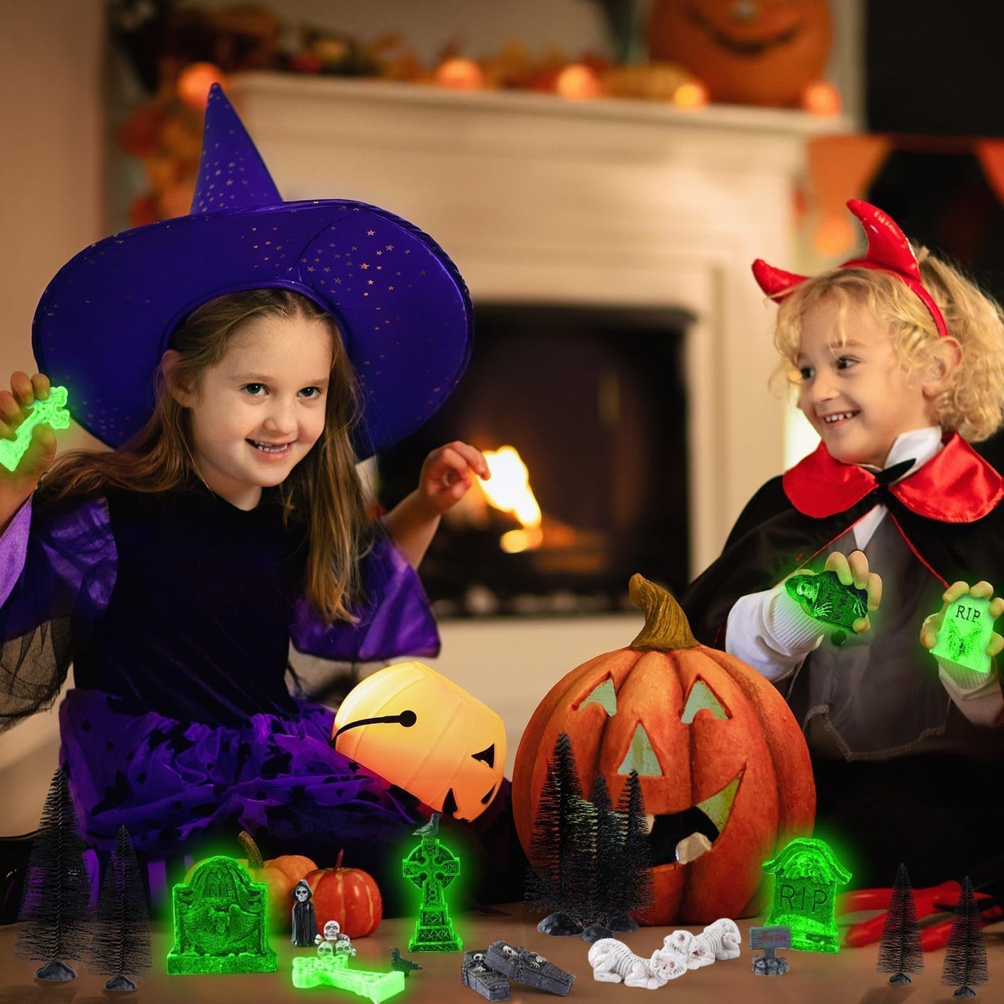 YLOLUL 48 Pcs Fluorescent Halloween Village Accessories Miniature All Saints' Day Figurines Glow in The Dark Mini Tombstones Skeleton Tiny Trees for Halloween Town Decorations Party Table Decor