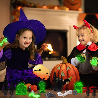YLOLUL 48 Pcs Fluorescent Halloween Village Accessories Miniature All Saints' Day Figurines Glow in The Dark Mini Tombstones Skeleton Tiny Trees for Halloween Town Decorations Party Table Decor
