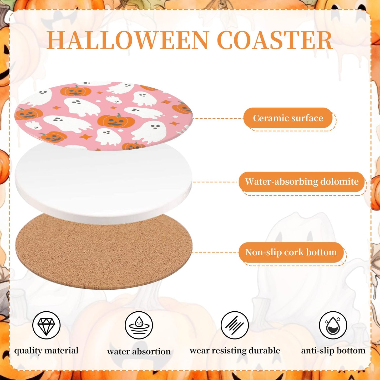 JarThenaAMCS 6 Pcs Halloween Coaster with Holder Pumpkin Ghost Anti Slip Cup Mat Pink White Orange Absorbent Ceramic Drink Coasters for Home Decor Table Protection