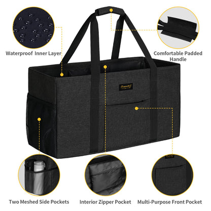 GhvyenntteS Extra Large Utility Tote Bag, Stand Up Utility Tote with Metal Wire Frame & Hard Bottom Board, Reusable Grocery Bags With Handles, Extra Large Beach Bag, Collapsible Car Tote
