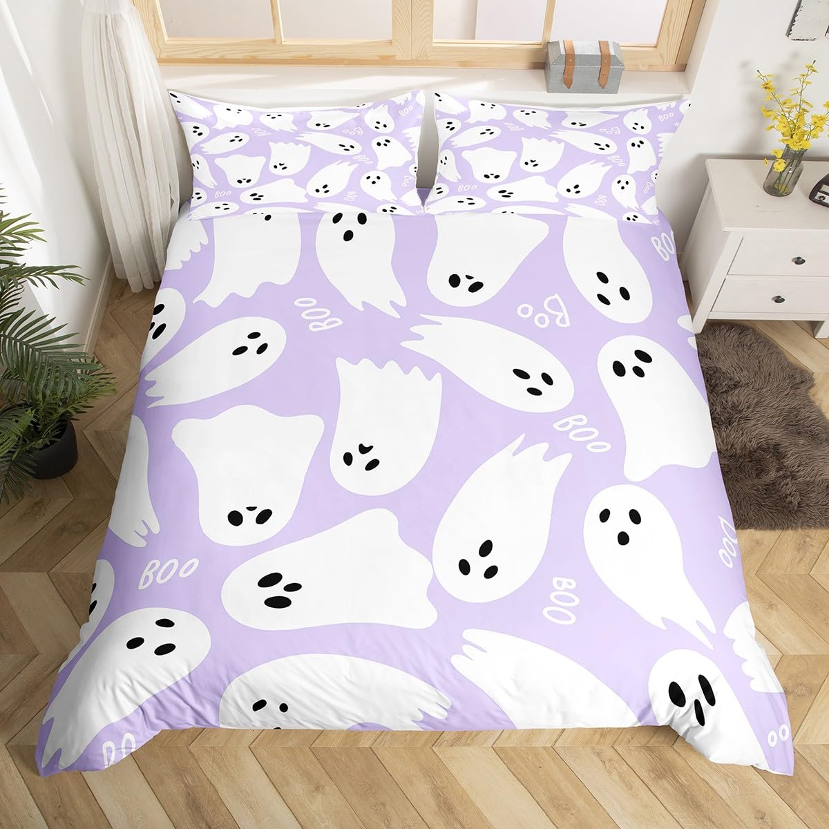 Purple Cartoon Style Duvet Cover Queen Size Halloween Theme Comforter Cover with 2 Pillowcases for Teens Adults Kawaii Ghost Bedding Set 3 Pcs Decorative Bed Cover(No Filler)