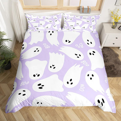 Purple Cartoon Style Duvet Cover Queen Size Halloween Theme Comforter Cover with 2 Pillowcases for Teens Adults Kawaii Ghost Bedding Set 3 Pcs Decorative Bed Cover(No Filler)