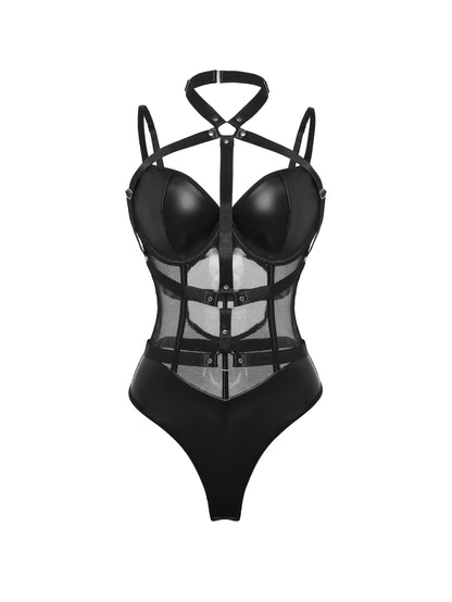 Lilosy Sexy Crisscross Choker Leather Underwire Push Up Mesh Sheer Babydoll Women Harness Teddy Bodysuit Nightgown Nightshirt One Piece Pu Latex Black Medium