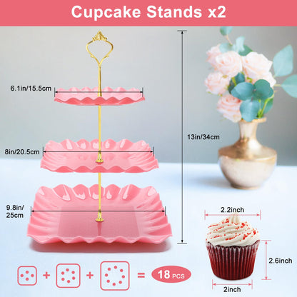 Coitak 8 Pieces Cupcake Stand Set, 2 PCS 3 Tier Cupcake Stands with 3 PCS Appetizer Trays, 3 PCS Serving Tongs, Dessert Tower Tray for Tea Party (Pink)