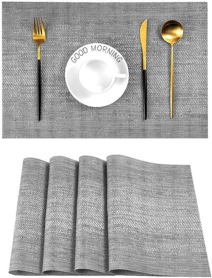 Leetaltree Grey Placemats, Heat Resistant Non-Slip Place mats for Dining Table, Washable Durable PVC Vinyl Woven Table Mats (Set of 4)