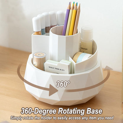 Dlicoda 360° Rotating Pen Holder, Large Capacity Pencil Organizer with 4 Compartments for Office and Art Supplies (White)