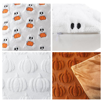 Huaerle Halloween Pillow Covers 18x18 Ghost Pumpkin Pattern Pillowcases Fall Throw Pillow Covers Set of 4 Double-Sided Halloween Pillow Covers Soft Plush Faux Wool Cushions for Home Patio Sofa Couch