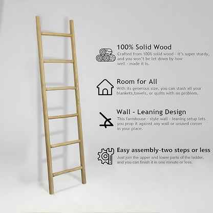 Wooden Blanket Ladder - 76in Natural & Motley Wood - Leaning Wall Decor for Bedroom, Bathroom, Living Room - Rustic Quilt Holder & Towel Rack (Natural Wood Color, 76in | Pre Assembled)
