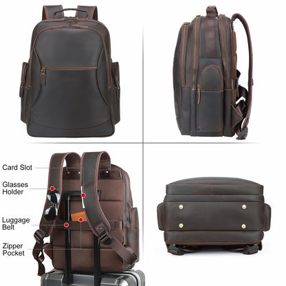 TIDING Full Grain Leather 17.3 Inch Laptop Backpack for Men Large Capacity Travel Weekender Camping Daypack Rucksack