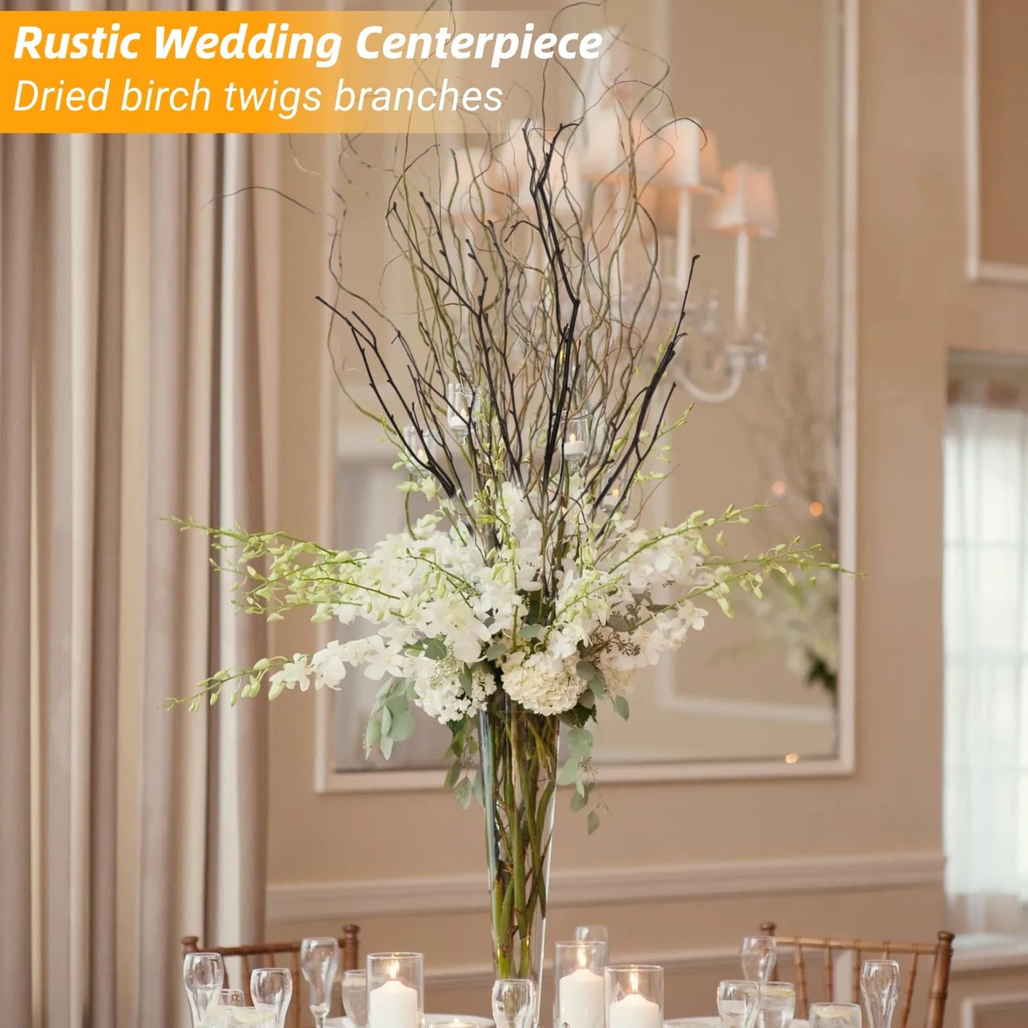 60Pcs Real Dried Birch Twigs Branches - 16” Natural Decorative Birch Branches for Easter Vases, Birch Sticks for DIY, Centerpiece, Floral Arrangment, Twig Wreath, Rustic Home Decor