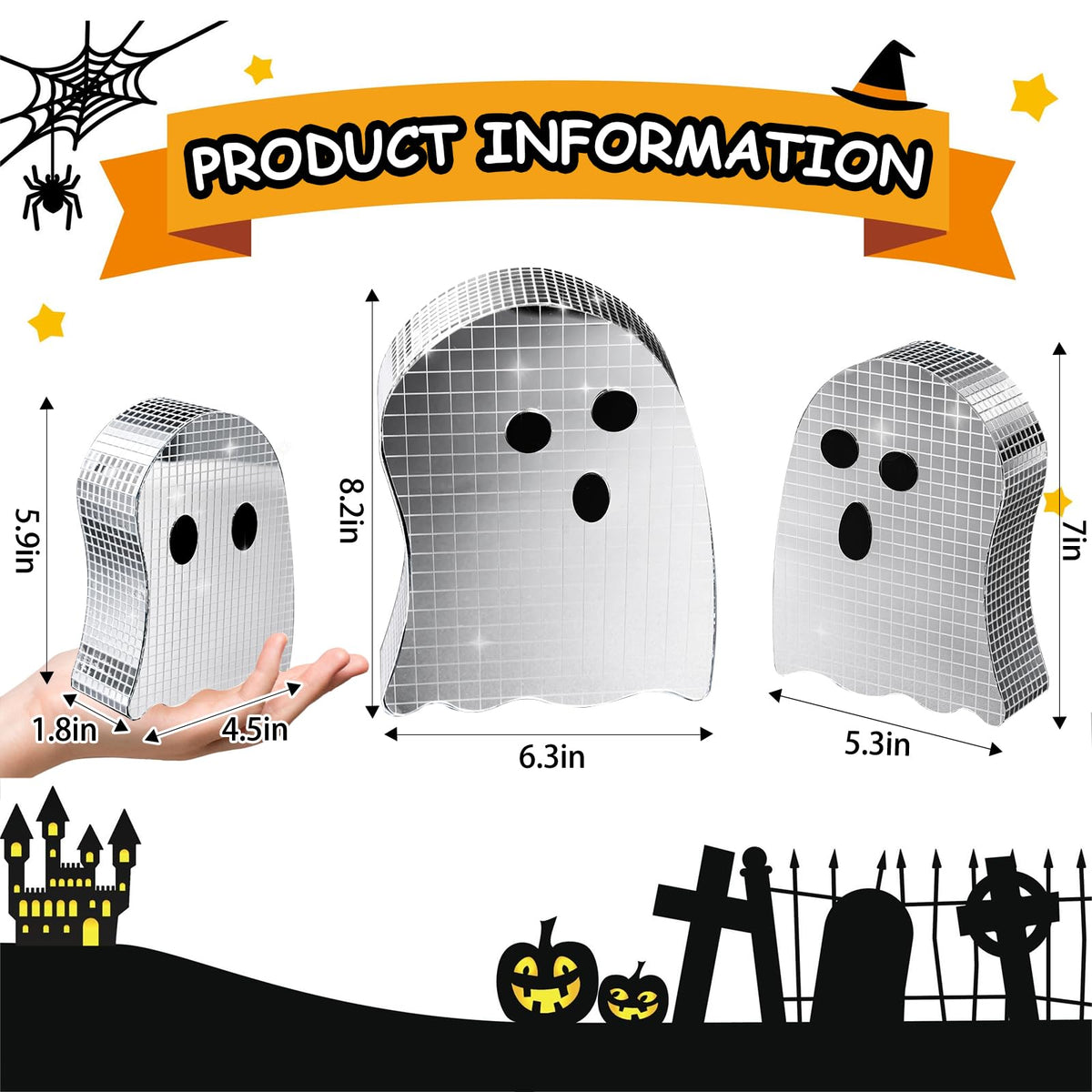 3 Pcs Halloween Disco Ghost Decor,5.9" 7" 8.2" Ghost Mirror Disco Ball Indoor Glitter Spooky Ghost Sign Halloween Tiered Tray Decor Mosaic Table Centerpiece for Party Gift (Silver)