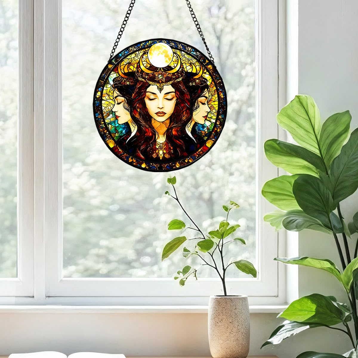 Greatingreat Stained Glass Window Hanging Hecate Triple Moon Goddess, Home Room Decor 7.8 Inch Sun Catchers Indoor Window, Whimsical Decor Pagan Wiccan for Women,Dark Feminine Energy