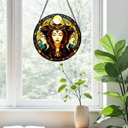 Greatingreat Stained Glass Window Hanging Hecate Triple Moon Goddess, Home Room Decor 7.8 Inch Sun Catchers Indoor Window, Whimsical Decor Pagan Wiccan for Women,Dark Feminine Energy