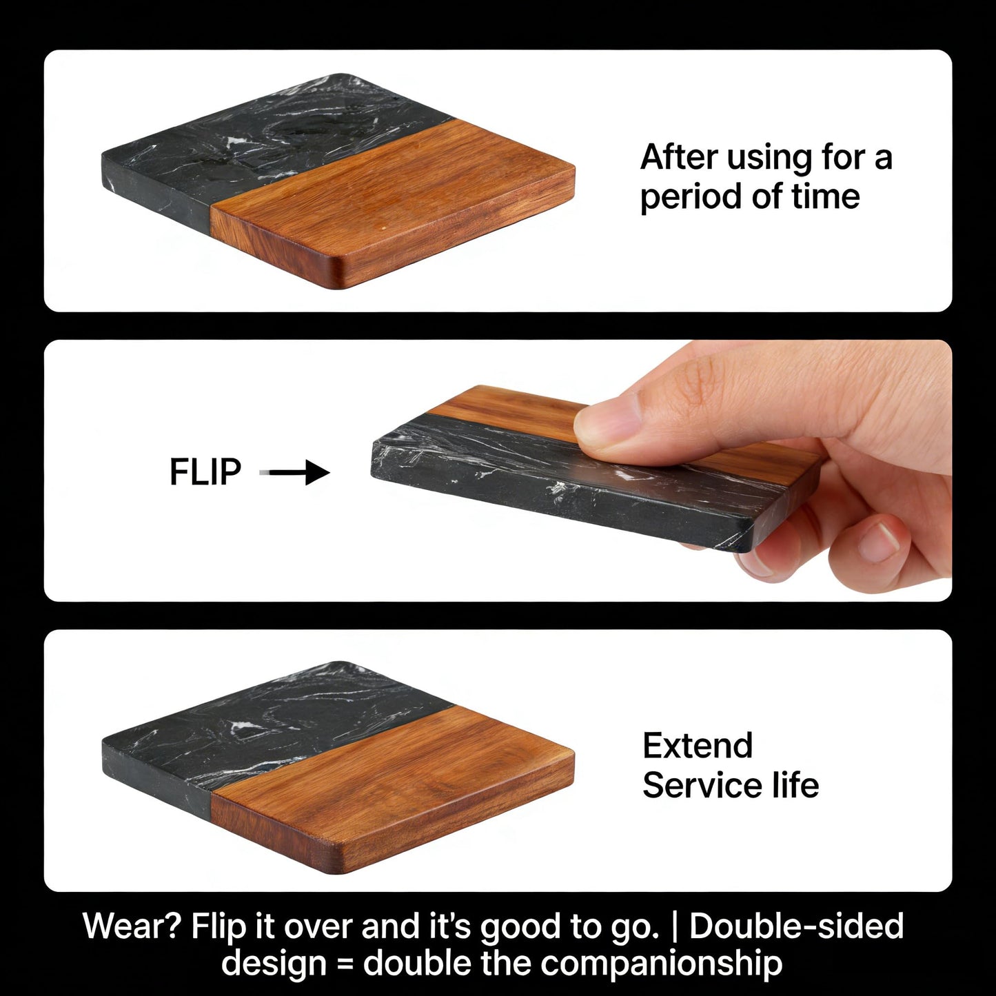 Marble Coasters: 4-Piece Set of Acacia Wood Marble Coasters, Suitable for Kitchens and Offices, can be Used as Gifts (Black Square)