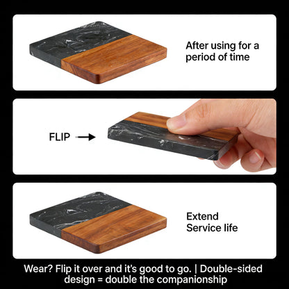 Marble Coasters: 4-Piece Set of Acacia Wood Marble Coasters, Suitable for Kitchens and Offices, can be Used as Gifts (Black Square)