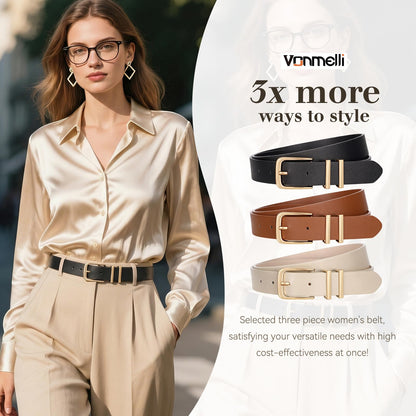 VONMELLI 3 Pack Women's Belts for Jeans Pants Fashion Gold Buckle Ladies Dress Belt, Black+Brown+Beige S