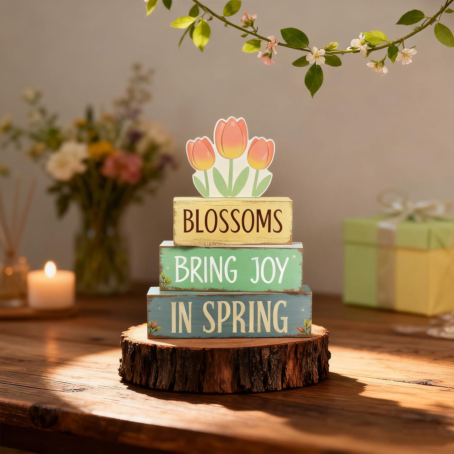 Spring Decoration Wooden Tiered Tray Decor – Tulip Blossoms Spring Stacked Block Sign with Floral Accent – Farmhouse Tabletop Spring Decor for Shelf Mantel Seasonal Home Display