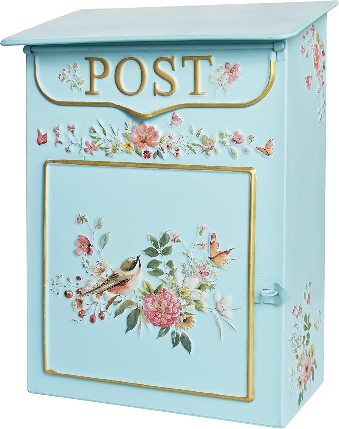 Mailbox Wall Mount Mailboxes for Outside Vintage Mail Boxes for House Outside Metal Drop Box Antique Style Nostalgic Charm Home Decorative, Flower Pattern Blue