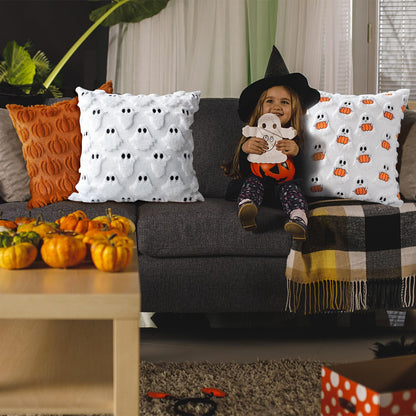 Huaerle Halloween Pillow Covers 18x18 Ghost Pumpkin Pattern Pillowcases Fall Throw Pillow Covers Set of 4 Double-Sided Halloween Pillow Covers Soft Plush Faux Wool Cushions for Home Patio Sofa Couch