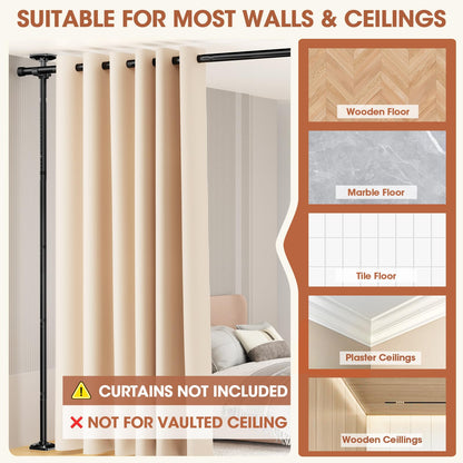 SUNALLY Room Divider Curtain Rod, No Drilling Room Separator for Space Partition Adjustable 4-10ft(H) 28-70inch(W) Heavy Duty Temporary Wall Divider Floor to Ceiling Tension Rod, Black